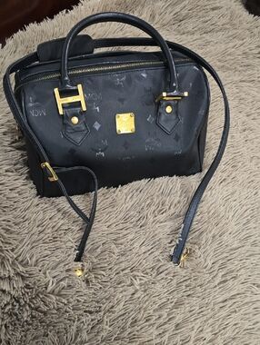 MCM Black Logo-Print Satchel with Gold Hardware